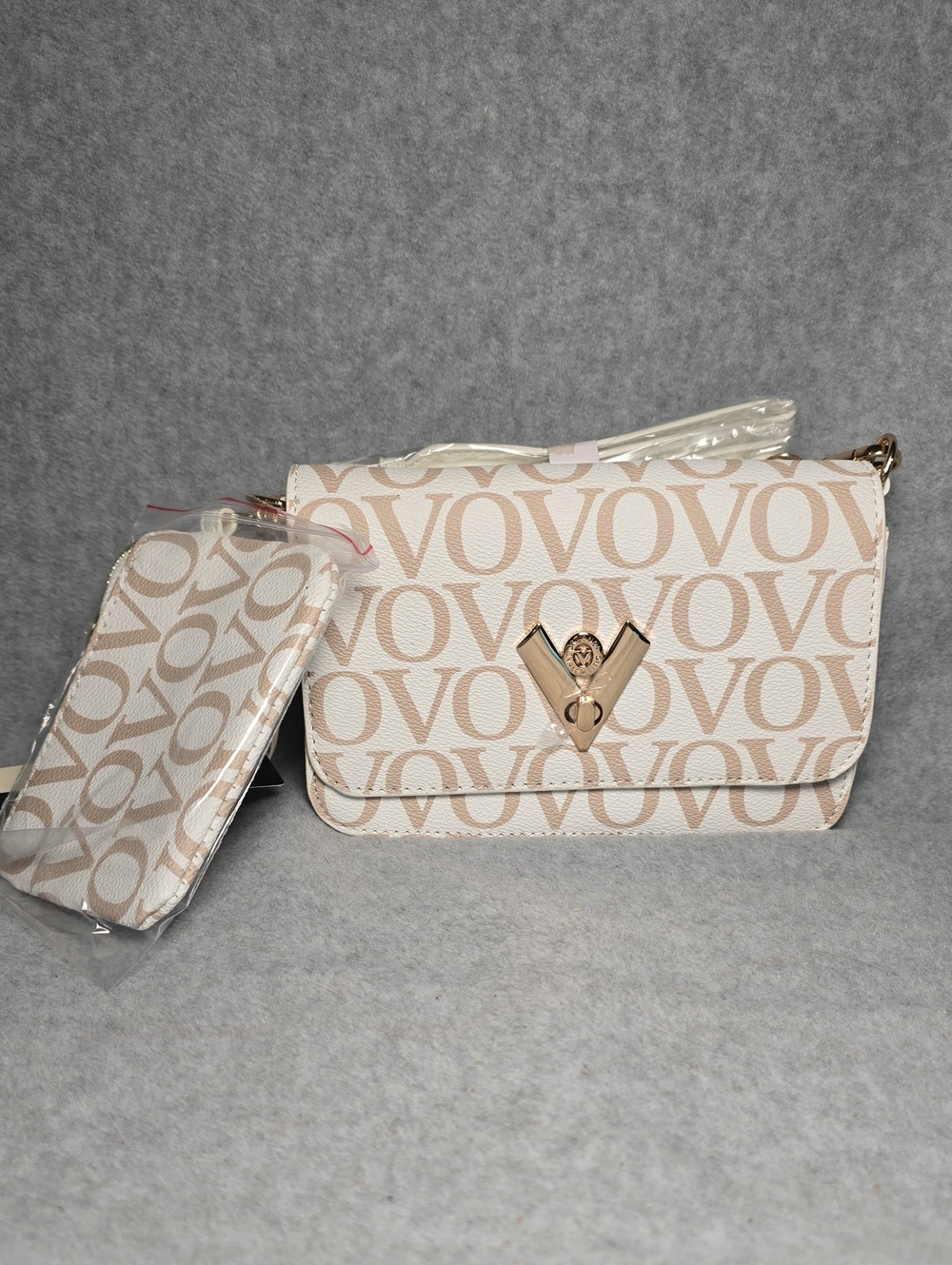 Valentino Orlandi Beige Logo Crossbody with Gold V-Clasp